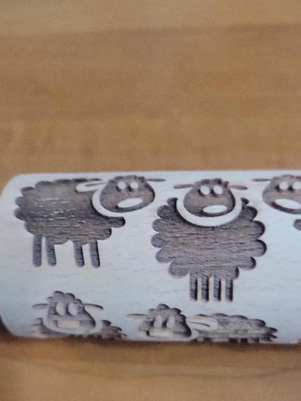 Pastry Embossed Wooden Rolling Pin - Light Natural Wood Sheep Design